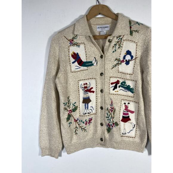 Alfred Dunner Christmas Cardigan Sweater PS Embroidered Ski Old Money Preppy Vtg - Picture 4 of 16